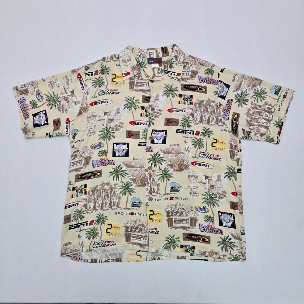 Vintage ESPN Zone Men XL Rayon All Over Print SportsCenter Hawaiian Camp Shirt